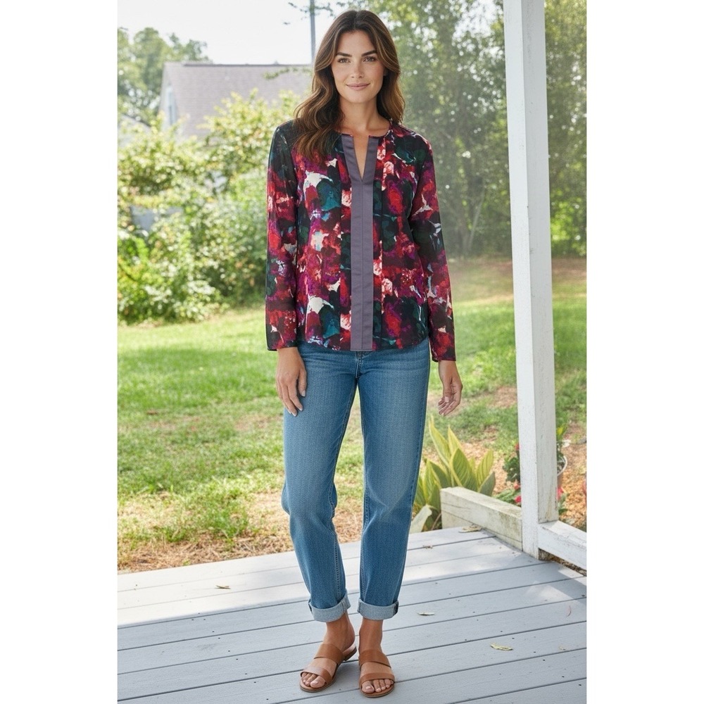 Simply Vera Vera Wang Women's Floral Blouse Long Sleeve Shear Size Petite XS